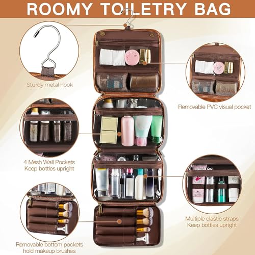 Elviros Brown Hanging Toiletry Bag for Men with Detachable Compartments – Travel Organizer & Dopp Kit