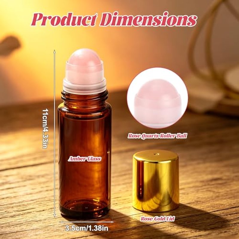 2 Pack 50ml Rose Quartz Essential Oil Roller Bottles - Amber Glass with Gold Cap