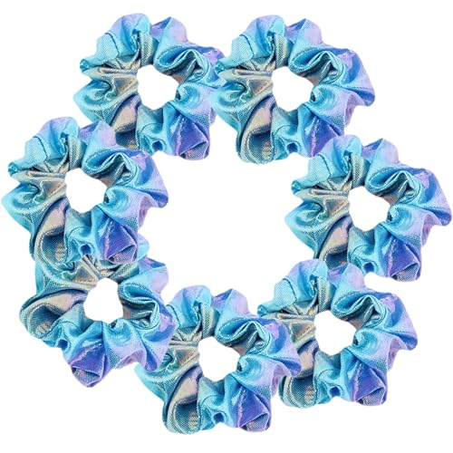 7 Pcs Shiny Metallic Cheer Dance Colorful Party Favor Hair Scrunchies School Performance/Sports/Practice/Party Sparkling Color Scrunchie Ponytail Holder Wrist for Girls Cosplay Show (Double Blue)