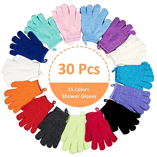 Exfoliating Gloves for Shower, 30-Pack, 15 Colors, Double-Sided