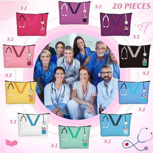 Sabary 20 Pcs Nurse Makeup Canvas Bags Bulk Nurse Appreciation Gifts Nursing Thank You Cosmetic Bag with Zipper Travel Work Accessories Pouch for Rad Tech Week Radiology Party Favors Christmas Gifts