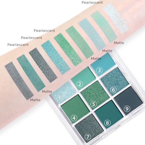 AMY'S DIARY Green Matte Shimmer Deep Eye Shadow Palette, Long-lasting Waterproof Makeup, 9 Blendable Shades for Girls