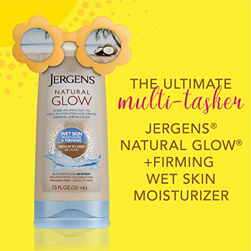 Jergens Natural Glow +FIRMING In-shower Self Tanner Body Lotion, Sunless Tanning for Medium to Tan Skin Tone, Anti Cellulite Firming Moisturizer, for Gradual Natural Fake Tan, 7.5 Ounce (Pack of 2)