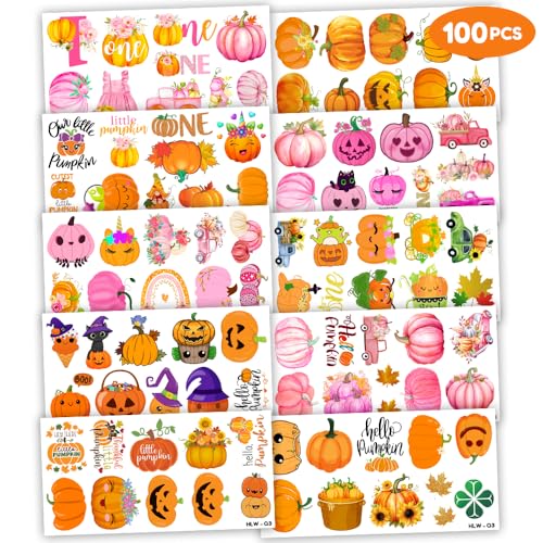 Fall Temporary Tattoos for Kids - 100 Pack Pumpkins