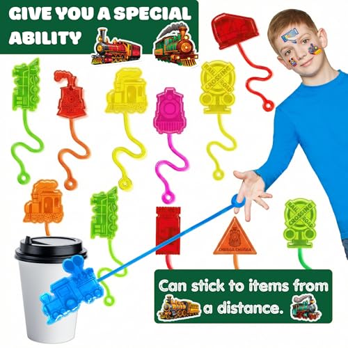 48PCS Train Party Favors - 24PCS Temporary Tattoos & 24PCS Stick Hands Party - Perfect Birthday Party Supplies, Goodie Bag Stuffers, Treasure Box Toys, Classroom Prizes, and Student Gifts