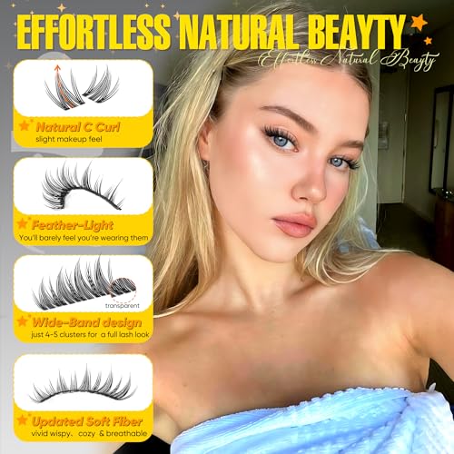 Natural Lash Clusters Kit Wispy Eyelash Clusters Kit Manga Lashes Clusters 10-13mm C-Curly Cluster Eyelash Extensions Thin & Invisible Band Lash Extension Kit with Lash Glue and Lash Tweezers