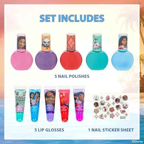 Moana 2 Cosmetic Makeup Set for Girls with Lip Gloss Nail Polish Nail Stickers 11 Pcs | Perfect for Parties Sleepovers Makeovers | Birthday Gift for Girls by Townley Girl