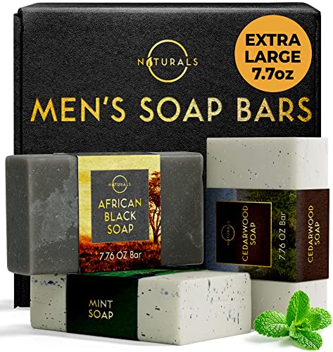 O Naturals Bar Soap for Men - 3-Pcs Mens Soap Bar - Natural Soap - Mens Soap - Body Men Soap Bars - Natural Soap for Men - Organic Men's Soap Bars - Exfoliating Bar Soap - African Black,Cedarwood,Mint