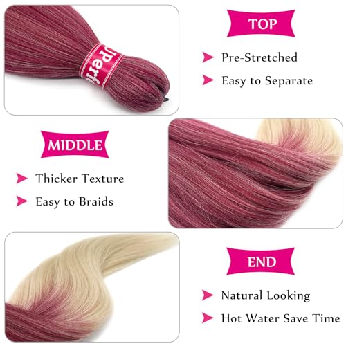 UPerfe Ombre Braiding Hair Extensions for Braids 99J to Blonde Kanekalon Braiding Hair Pre Stretched Prestretched Braiding Hair Kids Knotless Jumbo Colored Braiding Hair Ombre 26 inch 6 Bundles