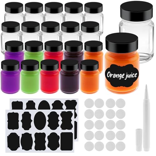 20 Pack 2 oz Glass Shot Bottles Wide Mouth Wellness Shot Glass Bottles with Black Lids & Labels and Pen for Juice,Ginger,Leakproof Travel Wide Mouth Mini Clear Jars Dishwasher Safe (20)
