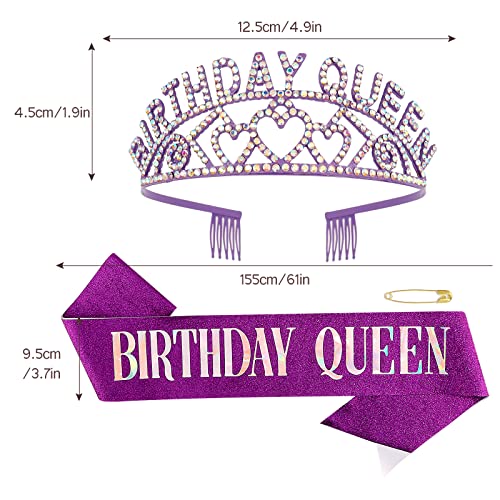 Purple AB Rhinestone Tiara & Birthday Queen Sash Set
