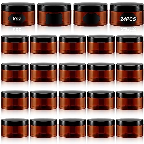 24 Pack 8oz Amber Plastic Jars with Black Lids