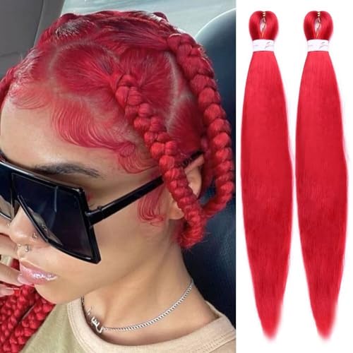 CANELIA Pre stretched Braiding Hair 26 Inch Red Braiding Hair Extensions Yaki Braids Hair Hot Water Setting Synthetic Hair Colored Braiding Hair Pre stretched Crochet Hair(26 Inch,2 Packs,Red#)