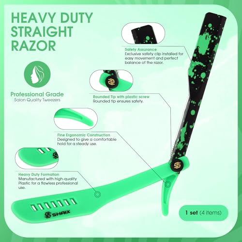 ShaiX Shavette Straight Razor for Men with Pack of 100 Single Blades ? Barber Straight Razor & Straight Edge Razor Kit for Beard Shaving, Line Up & Mustache (Green)