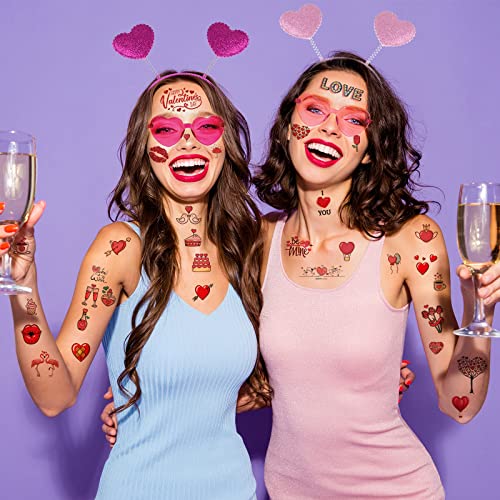 PLULON 34 Pieces Valentines Heart Headbands Heart Shape Sunglasses Temporary Tattoos Stickers Valentines Day Accessories Red Head Bopper Grasses for women Party Props Holiday Birthday