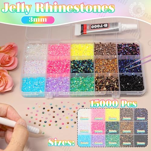 15000 Pcs 3mm Flatback Rhinestones Bedazzling Kit - Multicolor