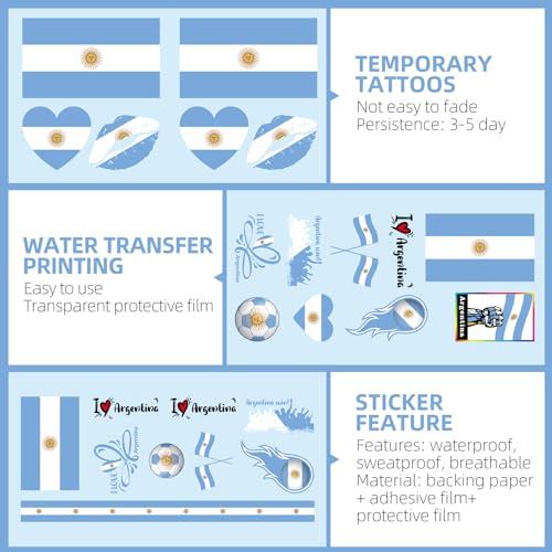 Argentina Flag Temporary Tattoos - 16 Sheets for Football Events