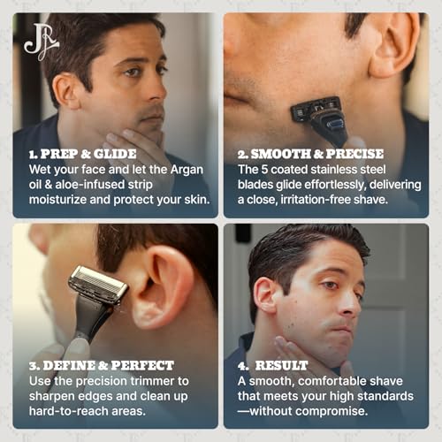 Jeremy's Razors for Men - Precision 5 Razor Blade Refills - 8 Cartridges (Fits All 2nd Gen Jeremy's Handles) - Precision Trimmer, Stainless Steel Design, Lubricating Strip - Men's Shaving Blades