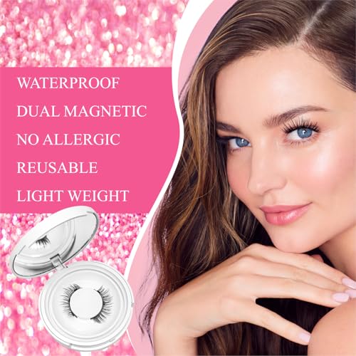 Magnetic Eyelashes 2 Pair Reusable Magnetic Eyelashes with Applicator, No Adhesive Required, Natural-Looking Eyelashes, Eyelash Curler Set, Easy to Wear and Remove