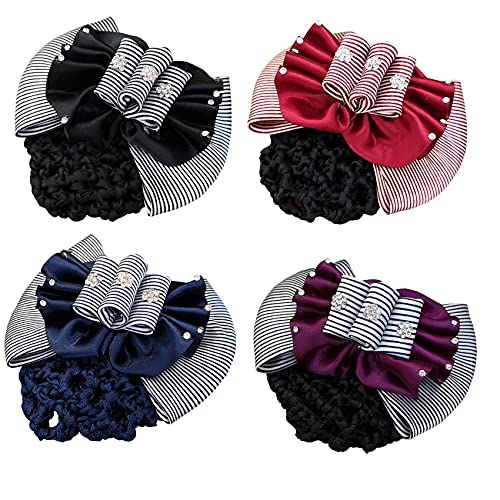 Hair Snood Net for Women, Hair Clip with Net Cover for Bun - Lady Barrette with Hairnet Hairbun for Ballet Dance TH-FJ-H2 (Set of 4 - Black, Red, Navy Blue, Purple)