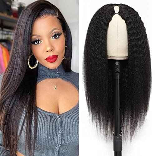 V Part Wig Human Hair Wigs for Black Women Kinky Straight V Part Wig 12A Virgin Hair Half Wigs for Women No Lace Upgrade U Part Human Hair Wigs Full Head Clip in Half Wig V Shape Wigs (14inch)