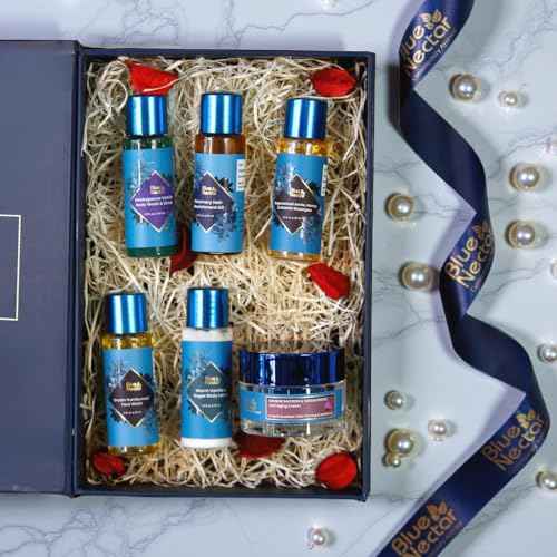 Premium Beauty Gift Set for Women & Men | Blue Nectar Hair Oil, Shampoo, Face Wash, Body Wash, Scrub & Lotion with Herbal Ingredients | Ideal Christmas Holidays Gift for Mom,Dad,Girlfriend & Coworker