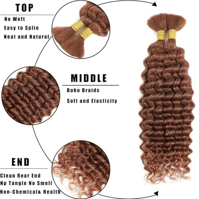 #30 Brown Deep Wave Human Braiding Hair 28" - 3 Bundle