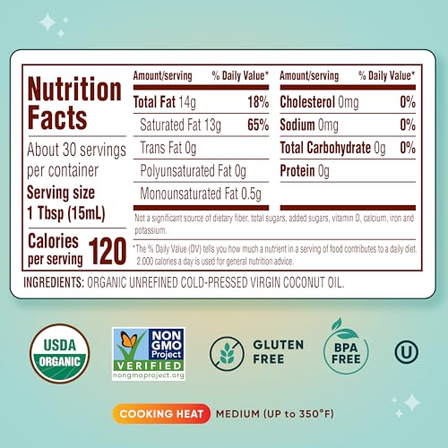 Nutiva Organic Virgin Coconut Oil 15oz - Cold-Pressed, Non-GMO, Unrefined, Vegan Cooking & Beauty Oil