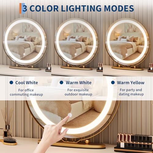 GarveeHome 19 in Vanity Mirror with Lights, Round Large LED Vanity Mirror with Smart Touch 3 Colors Dimmable, Touch Lighting, 360¡Æ Rotation for Dressing Room & Bedroom Tabletop, Easy Assembly(Gold)