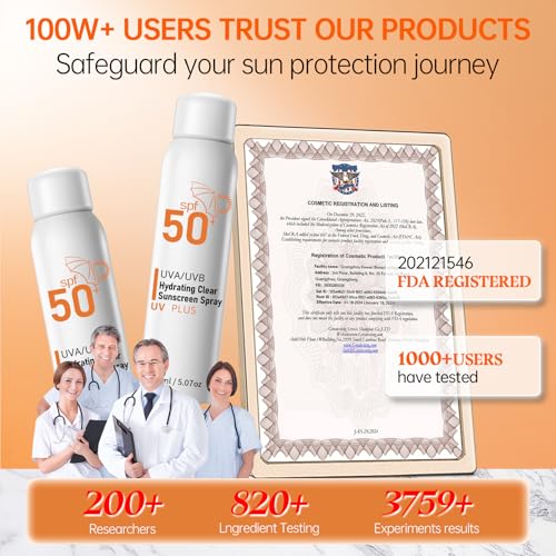 Sunscreen Spray SPF 50+ for Face & Body, Reef Safe Sunscreen Spray, Broad Spectrum UVA/UVB Sunblock, Oxybenzone-Free, Non-Comedogenic, Oil-Free, Water Resistant, 5.07oz Travel Size (2 pack)