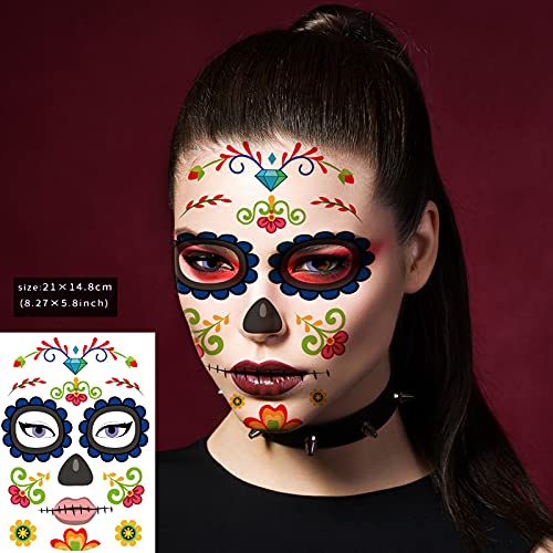 12-Pack Halloween Sugar Skull Face Tattoos, Day of Dead Temporary Makeup