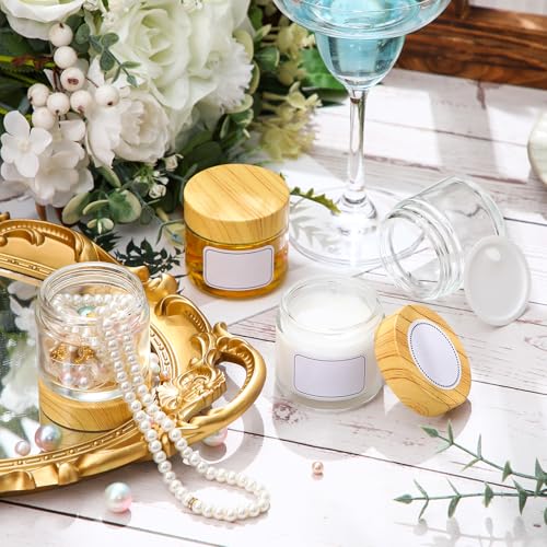 Layhit 64 Pcs 2oz/ 60ml Glass Jars with Lids Clear Small Jars with Plastic Woodgrain Lids, White Labels and Inner Liners Empty Round Cosmetic Containers for Creams Lotions Candle Making (Clear)