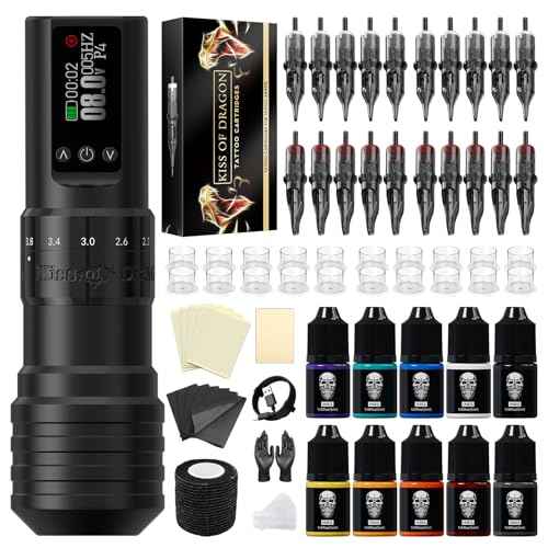 Tattoo Gun Kit Complete Wireless Tattoo Machine Kit, Kiss of Dragon V1 Rotary Adjustable Stroke Tattoo Pen with 1600 mAh Cordless Battery Tattoo Cartridge Needles Set for Beginners