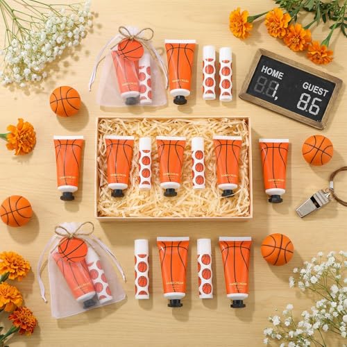 144 Pcs Basketball Lip Balm Hand Cream Set Party Favors, Include 36 Basketball Lip Balm 36 Moisturizing Hand Cream 36 Bags 36 Orange Gift Cards and Ropes for Man Women Accessories Gifts