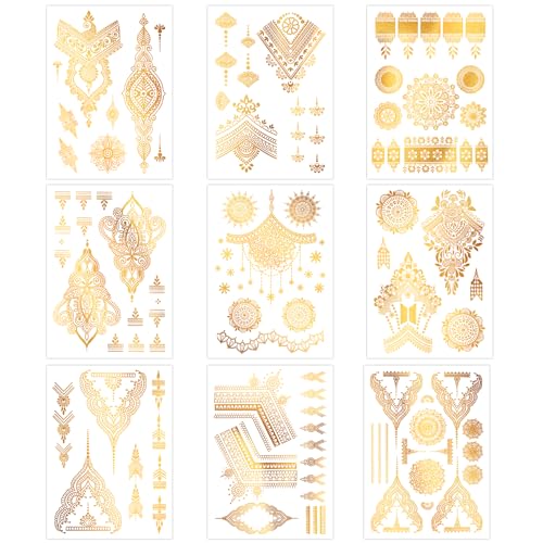 Metallic Gold Temporary Tattoos for Women - 9 Sheets