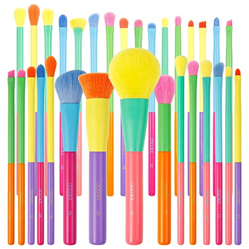 Docolor Colorful 15Piece Makeup Makeup Brush Set + 16Pcs Colorful Eyeshadow Brush Set Premium Kabuki Foundation Blending Face Powder Synthetic Makeup Brushes Set