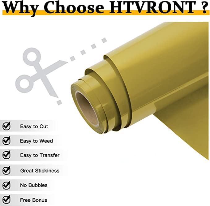 HTVRONT HTV Vinyl Rolls Heat Transfer Vinyl - 12" x 15ft Gold HTV Vinyl for Shirts, Iron on Vinyl for Cricut & Cameo - Easy to Cut & Weed for DIY Heat Vinyl Design (Gold)