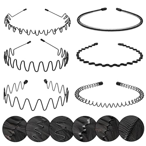 Metal Headband for Men & Women, Non-Slip Wavy Wire, 6 Pack