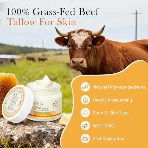 Beef Tallow for Skin ? Grass-Fed Whipped Tallow and Honey Balm ? Deeply Nourishing Face & Body Moisturizer ? 100% Natural Barrier Repair Cream for Dry & Sensitive Skin, Unscented, 2 oz