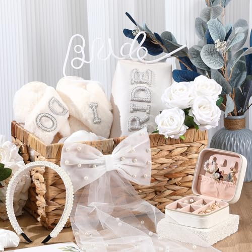 Kacctyen 16 Pcs Bride Gift Basket Ideas Bridal Shower Gifts Boxes Include Wicker Basket Bride Makeup Bag Slippers Pearl Headband Jewelry Box Hair Bow Veil and More for Bridal Stuff Engagement Gifts