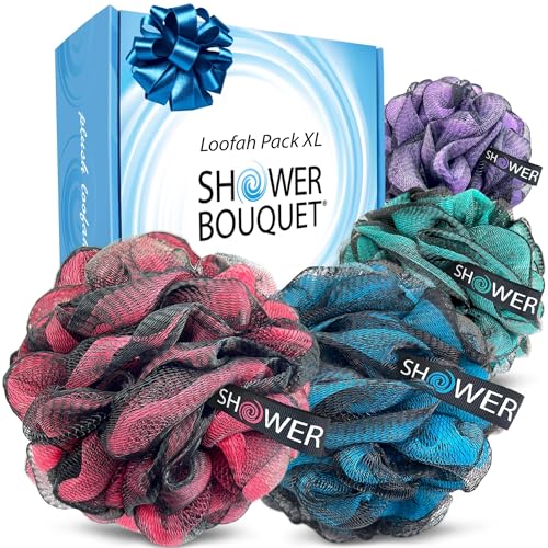 Shower Bouquet XL Charcoal Loofah 4-Pack - Exfoliating Bath Sponges