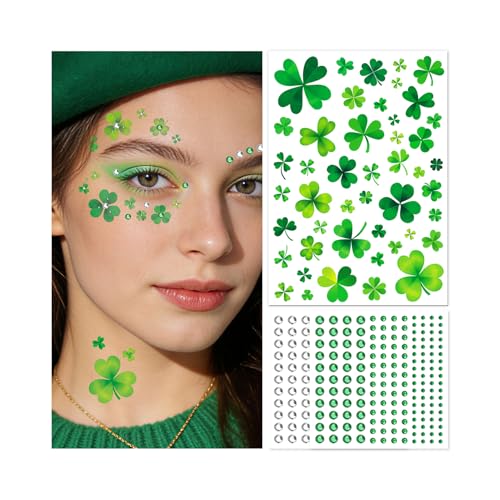 EMOME St Patrick Day Accessories, St Patrick's Day Shamrock Face Tattoo with Green White Face Gems, Saint Patrick's Day Makeup Art Decorations for Women, Girls