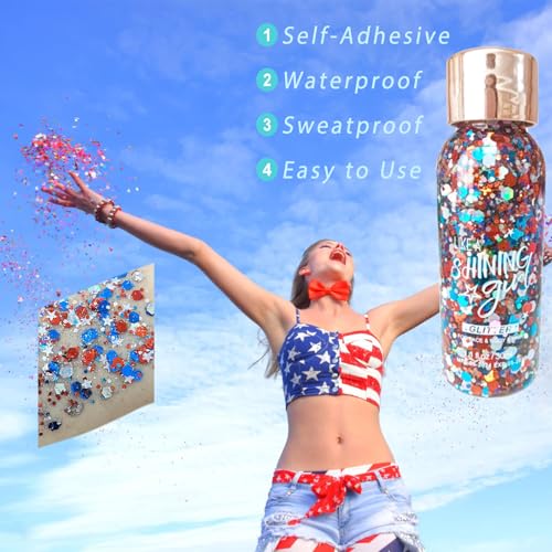 Red White and Blue Body Glitter, Hair Glitter, Red White and Blue Accessories USA Flag Pride Face Glitter, Hair Gel for Independence Day Women Reflective Glitters Makeup Accessories
