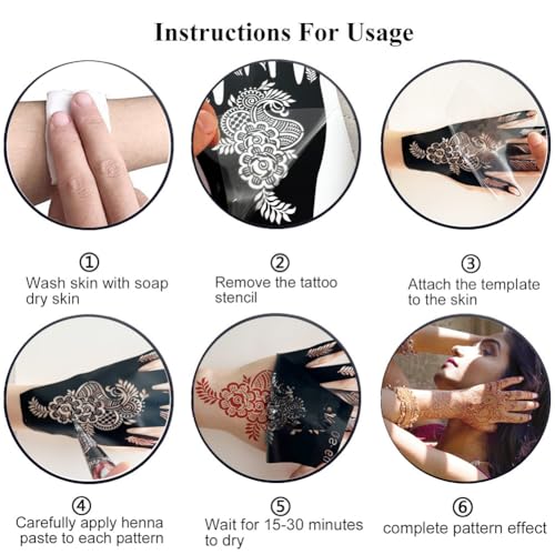 12 Sheets Henna Tattoo Stencil Kit for Hands, Indian Arabian Temporary Tattoo Template Self Adhesive Mehndi Stencil Stickers for Women Girls£¨8.2" x 4.7"£©