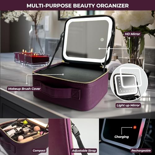 ZEVGANI Travel Makeup Bag with LED Mirror, Rechargeable Lighted Makeup Case with Adjustable Brightness & Dividers, Portable Makeup Box Organizer Vanity Case for Toiletries & Brushes, Plum Purple