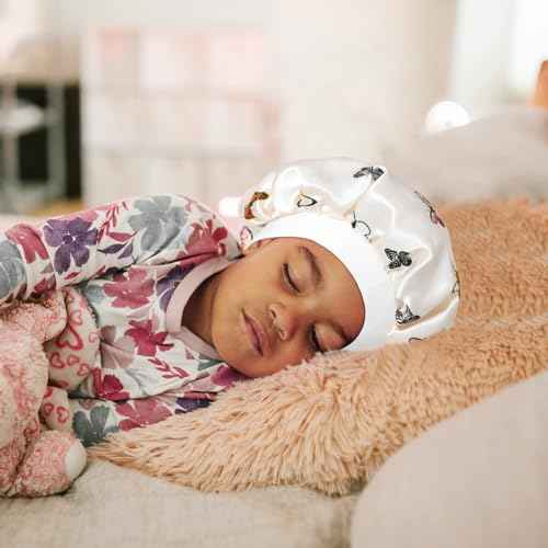 4 Pcs Silk Bonnet for Sleeping Kids Bonnets for Girls Baby Satin Sleep Cap Hair Wraps for Curly Natural Hair Elastic Wide Band,Butterfly