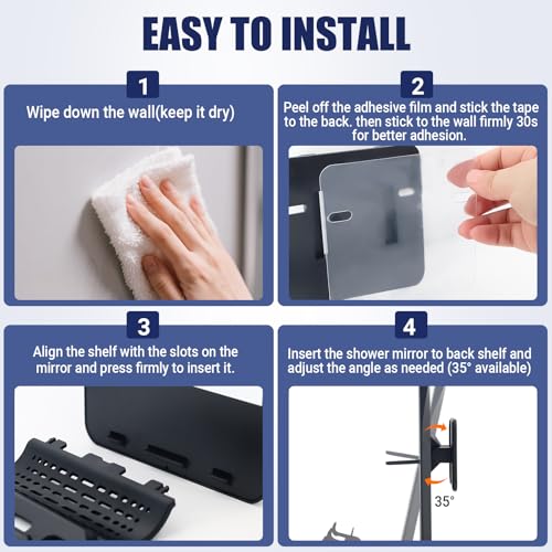 Fogless Shower Mirror with Razor Holder, No-Drill Anti-Fog Shaving Mirror