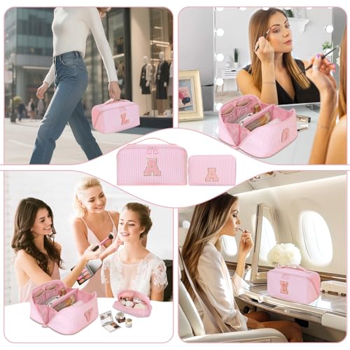 Personalized Initial Makeup Bag Set, Water-Resistant Travel Cosmetic Organizer with Brush Holder