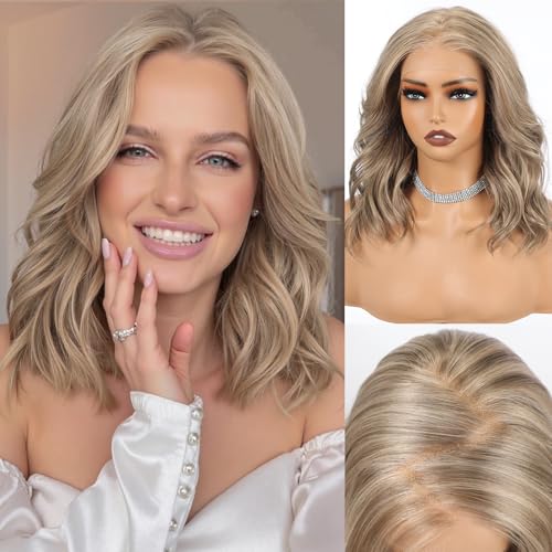 HAIRCUBE 13x6 HD Lace Front Wig 16-Inch Wavy Synthetic Hair - Mixed Ash Blonde, Model #KN814