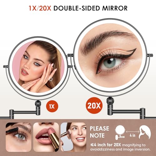 ZLOKLA 9-Inch Black Wall Mounted Lighted Makeup Mirror, 20X Magnification, Rechargeable & Dimmable